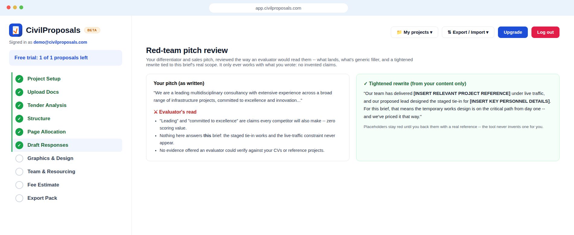 Red-team pitch review: an evaluator's read of your pitch plus a tightened rewrite built only from your own content